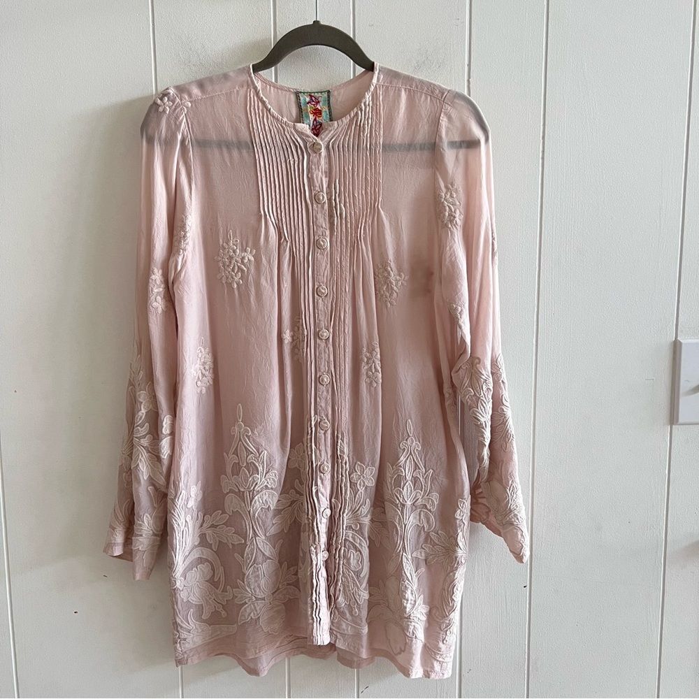 Johnny Was Blush Pink Pleated Embroidered Mini Dress / Blouse